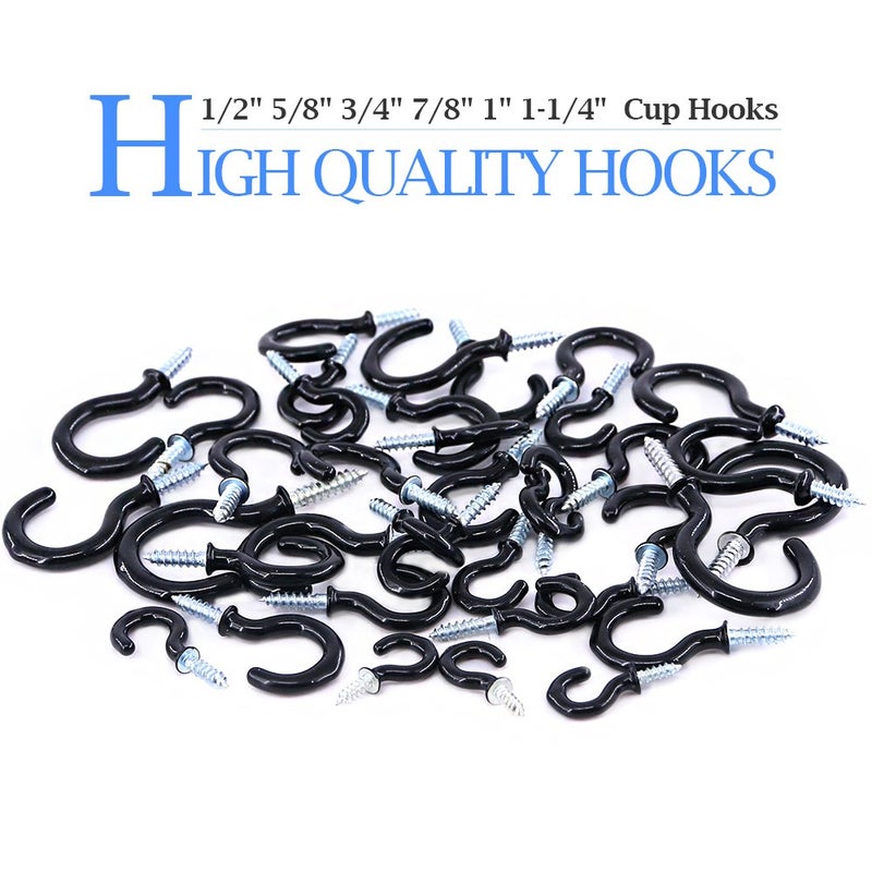 Glarks 100-Pieces 6 Sizes Black Vinyl Coated Cup Hooks Screw-in Ceiling Hooks Screw Hooks Mug Hooks Hangers Assortment Kit for Home and Office Use - Image 3